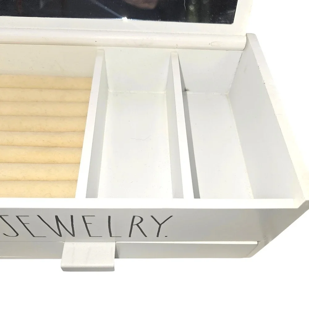 Rae Dunn White Wooden Jewelry Box Organizer with Mirror & Drawer Farmhouse Style